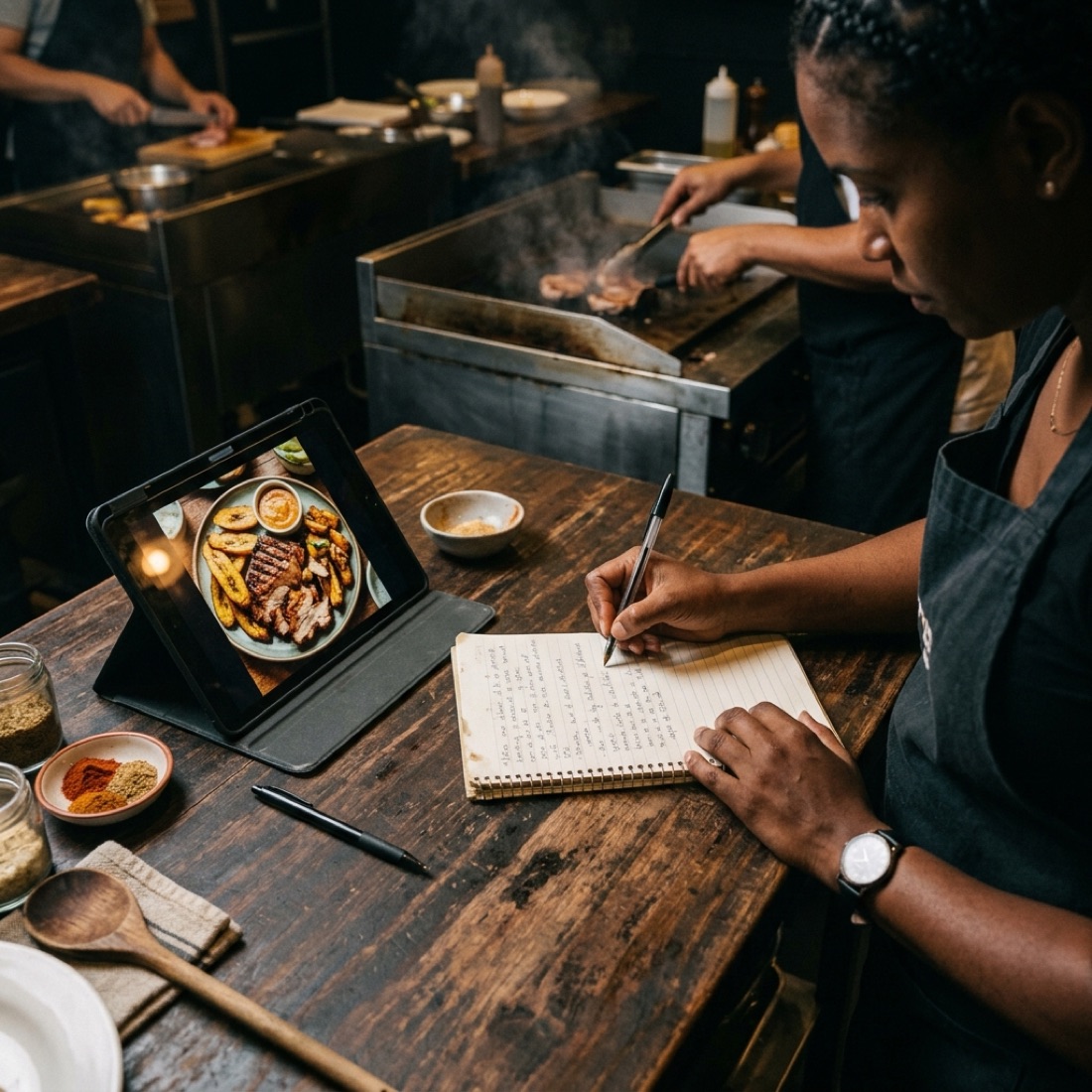 Student taking notes with a notebook and an iPad showing recipes
